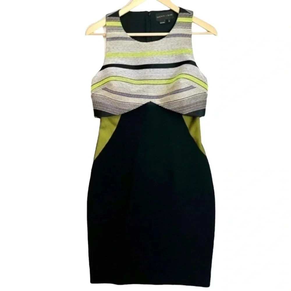 Sachin + Babi Colorblock Sheath Dress Lime Black Striped Cocktail Size 2
